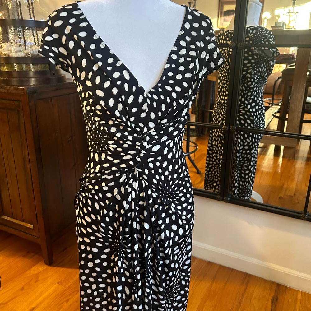 Elegant Black and White Polka Dot Dress with a stretchy slinky feel!